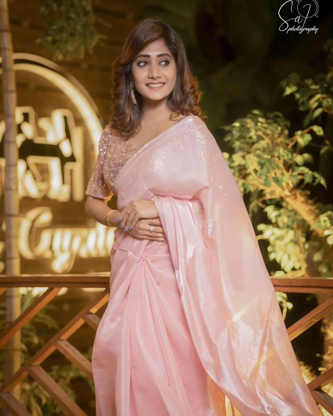 Vasanthi Krishnan Wearing Pink Saree Blouse